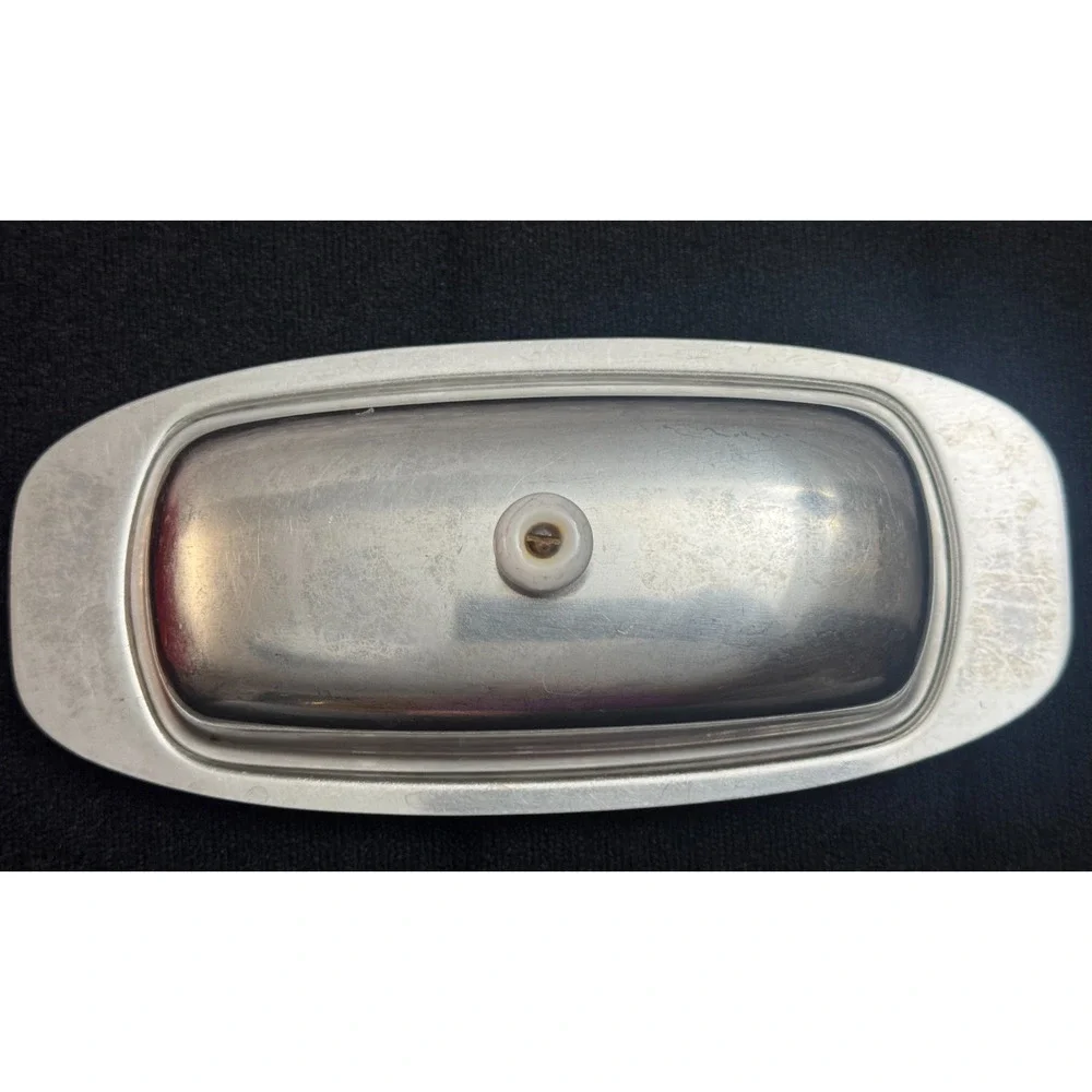 Vintage MCM Strata Sheffield USA Stainless Steel Butter Dish w/ Lid